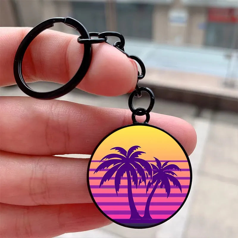 "Neon Palms Synthwave Keychain"