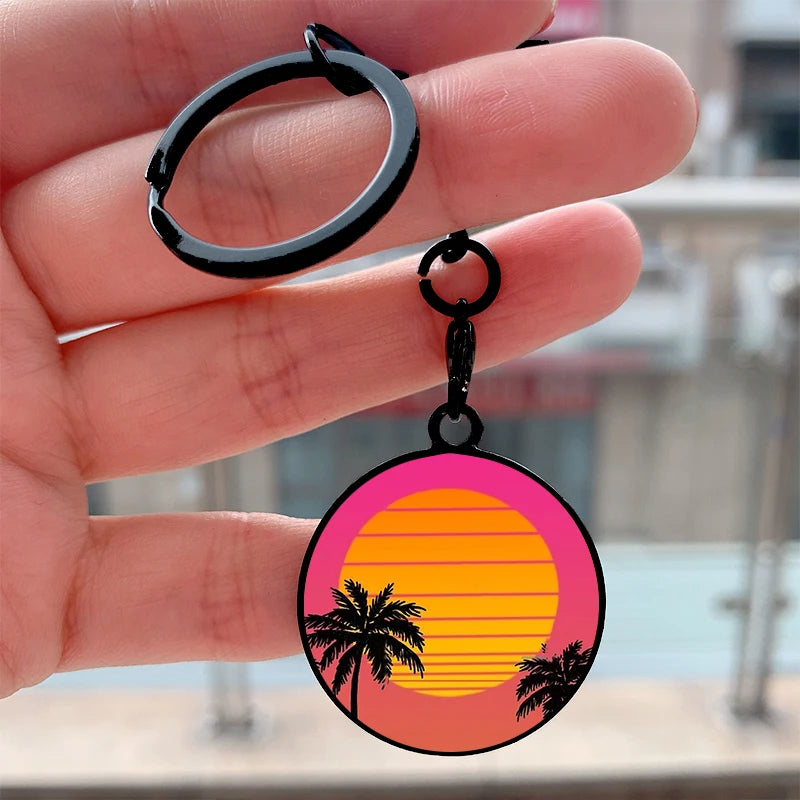 "Neon Palms Synthwave Keychain"