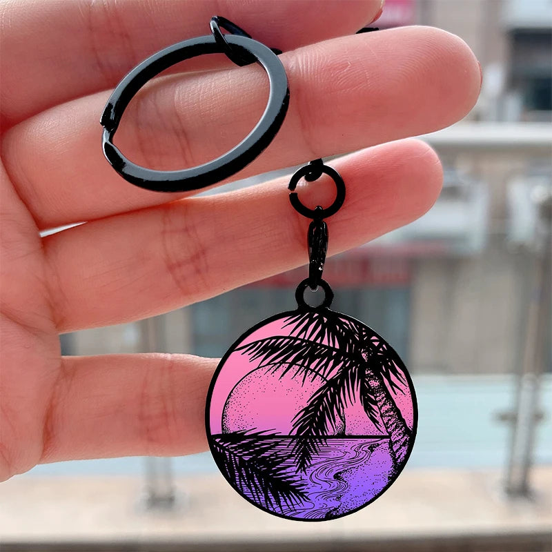 "Neon Palms Synthwave Keychain"