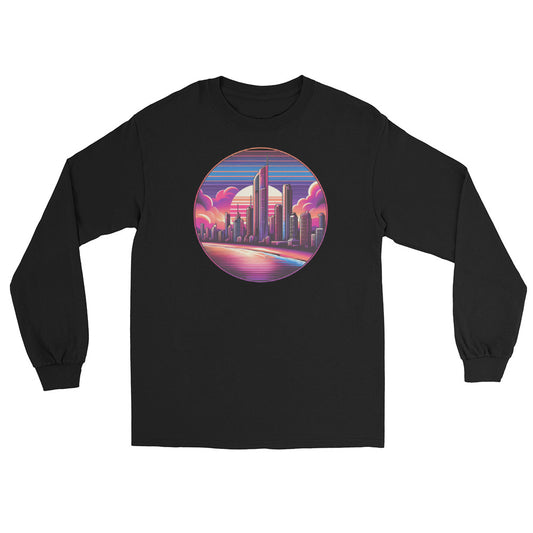 "Sunset Synthwave" Long Sleeve Hoodie Tee - Embrace the Neon Glow