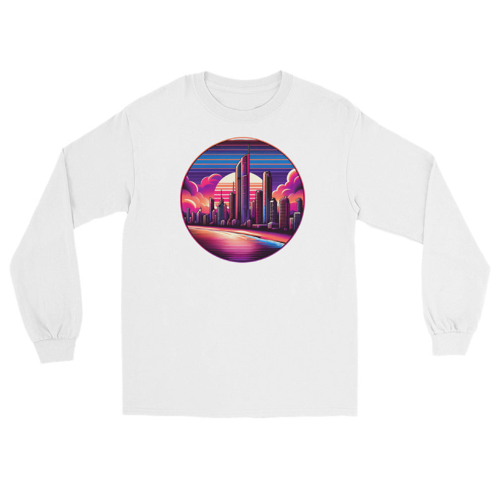 "Sunset Synthwave" Long Sleeve Hoodie Tee - Embrace the Neon Glow